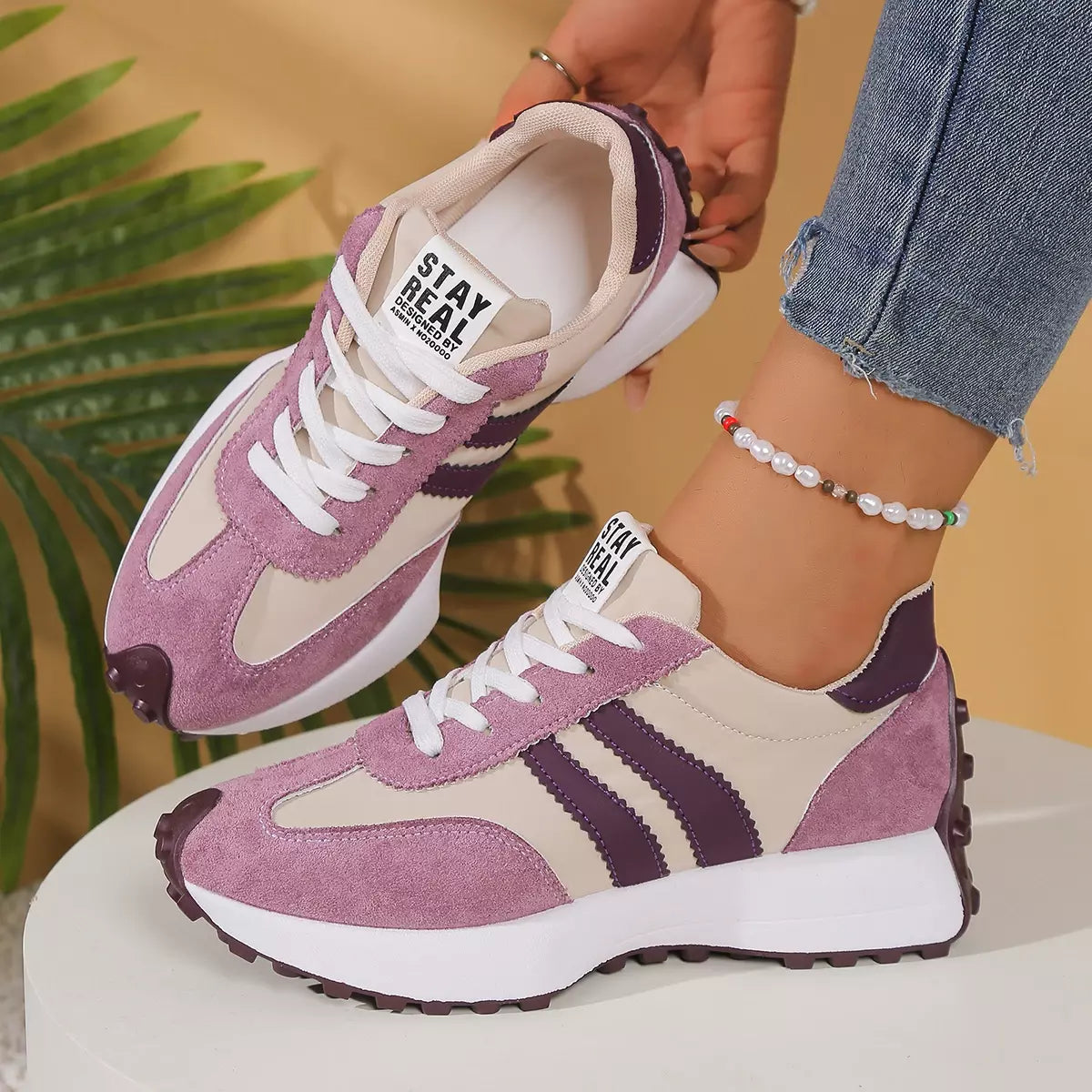 Gestreifte Freizeit-Sneaker CloudLane | Rosa